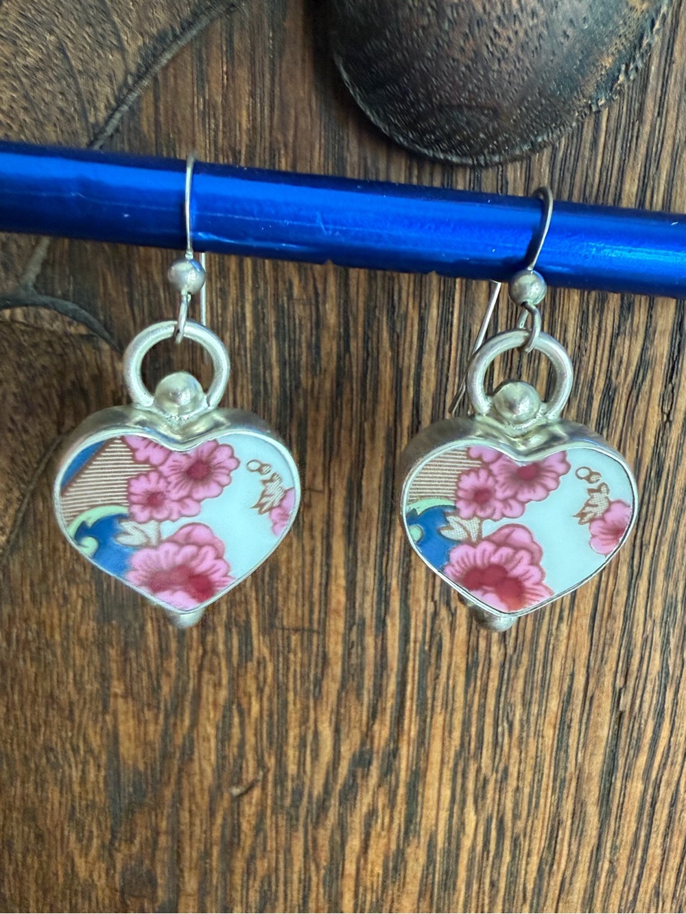 JSVR Jacqueline Smiley 950 Silver Heart Earrings chintz roses porcelain MINT